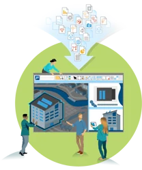 Illustration of a group of people collaborating on a digital project, using MicroStation, with various icons and documents depicted as flowing into the project interface, turning their collective visions into reality. | Bentley Systems | Infrastructure Engineering Software Company Illustration of a group of people collaborating on a digital project, using MicroStation, with various icons and documents depicted as flowing into the project interface, turning their collective visions into reality.